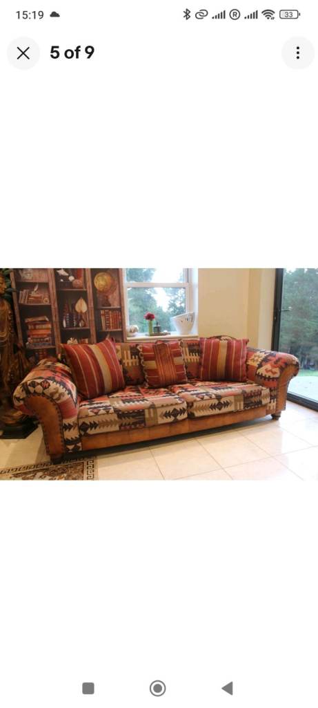 Tetrad Texas 4 seater grande sofa kilim wool fabric brown leather