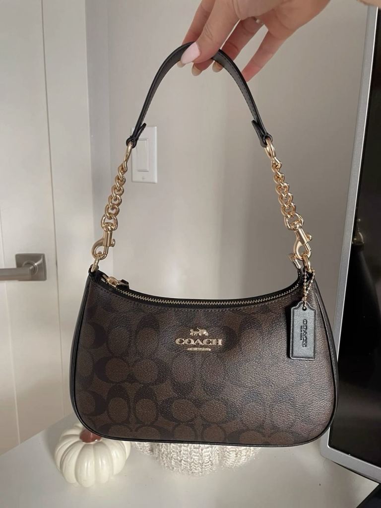 Coach Teri Shoulder Bag Brown Monogram with Gold Chain