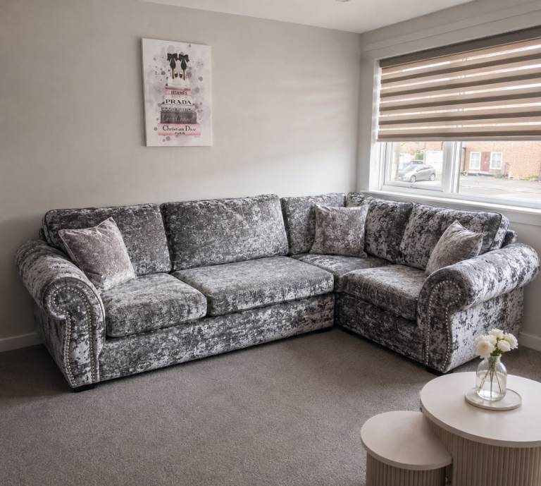 Grey Crushed Velvet Corner Sofa – Good Condition