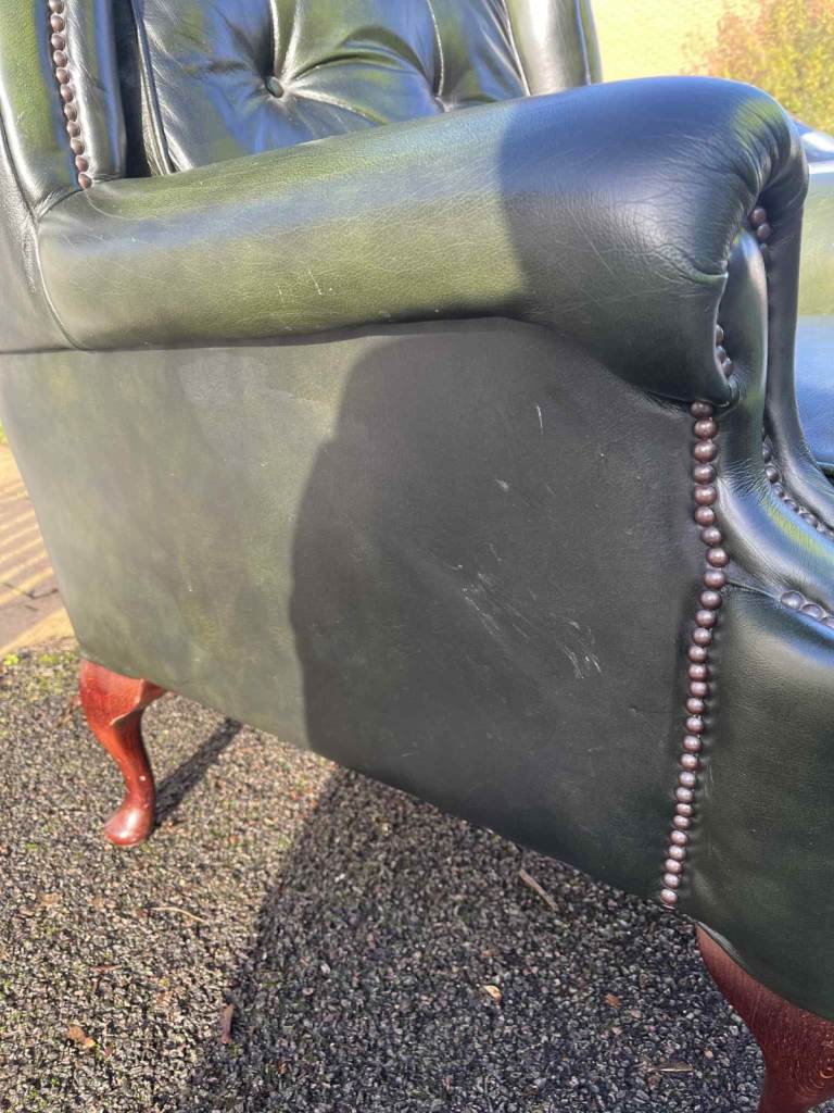 Lovely Dark Green Leather Chesterfield Queen Anne Wing Back Chair