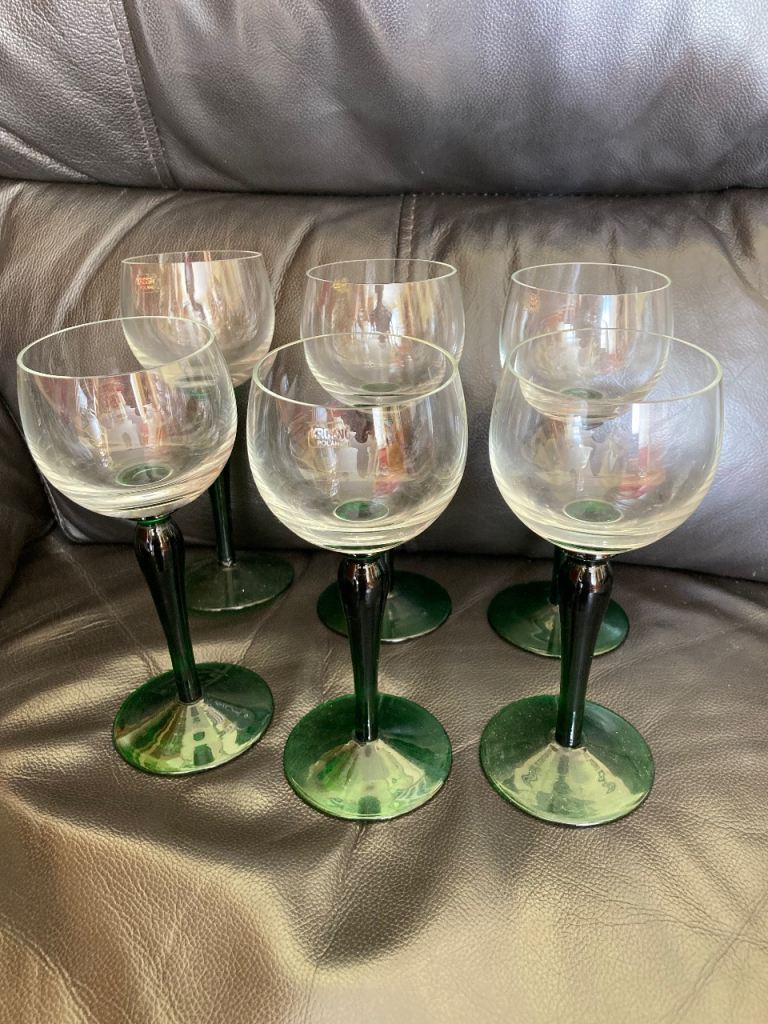 Set of 6 KROSNO Green Stem Wine Glasses