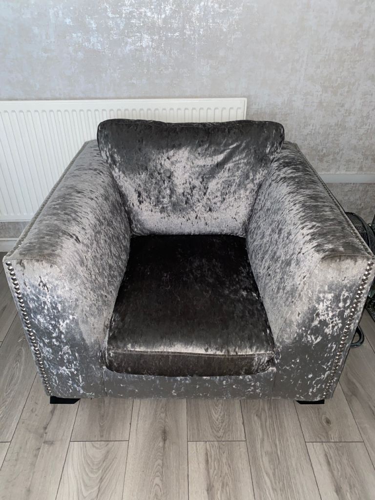 DFS Grey Velvet Armchair with Stud Detailing – Good Condition