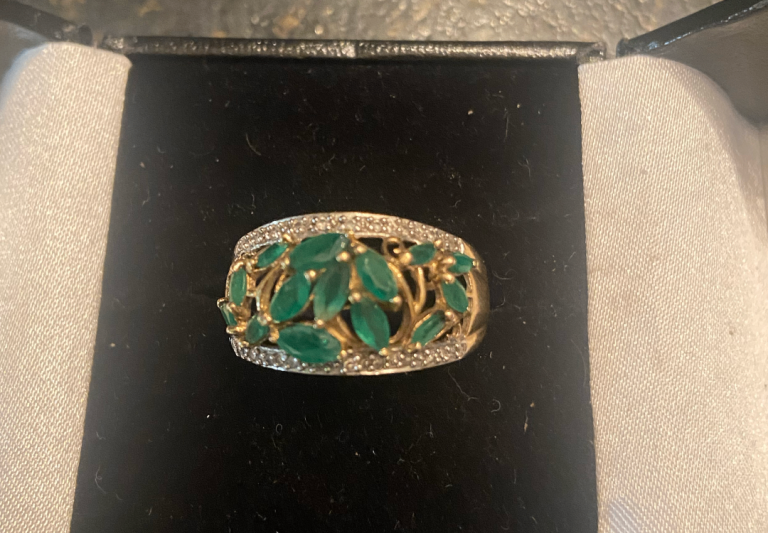 Beautiful 9ct Gold Emerald Ring with diamond accents. Size U/V Weight 3.7g coll/del only