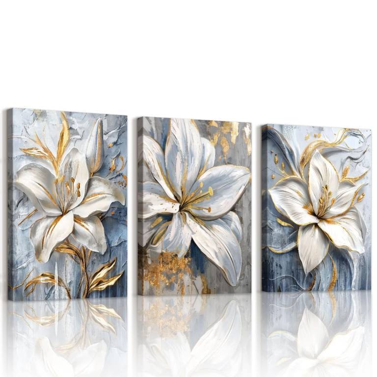 BRAND NEW - WOODEN FRAMED SET OF 3 FLORAL CANVAS PAINTINGS