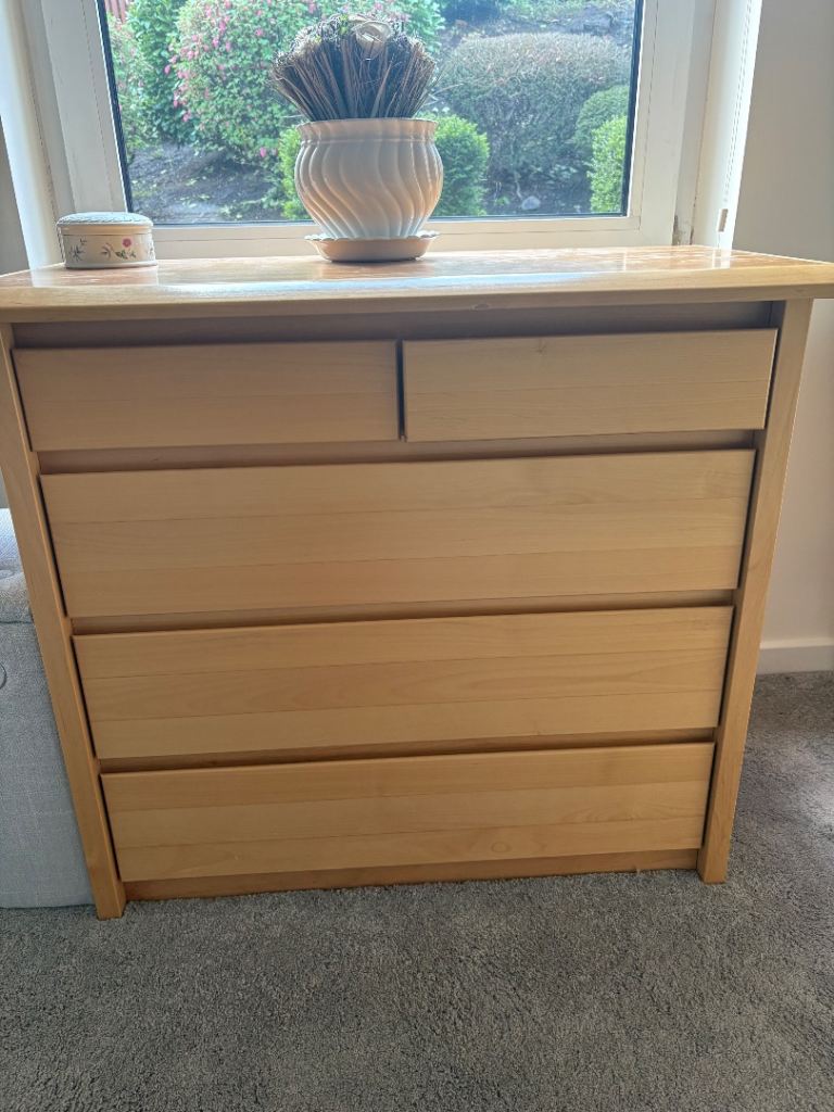 Alder Wood chest of drawers, two bedside cabinets