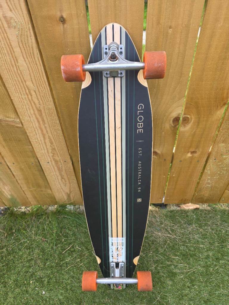 Globe Longboard Skateboard – Black with Orange Wheels, Good Condition