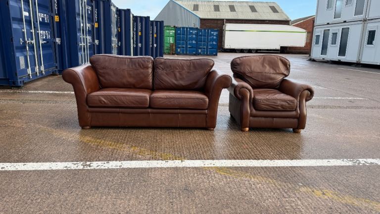 Brown Genuine Leather 3-Seater Sofa & Matching Armchair – Good Condition - Free delivery