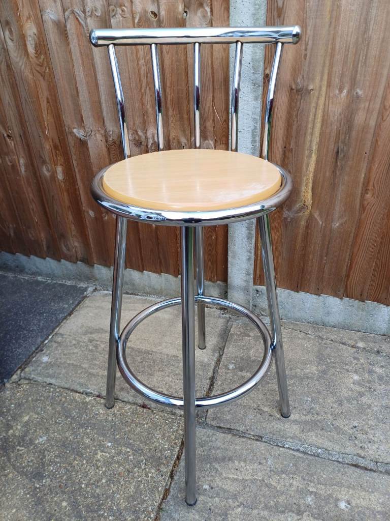 Bar Stool Chrome Frame with Backrest and Wooden Seat (Used)
