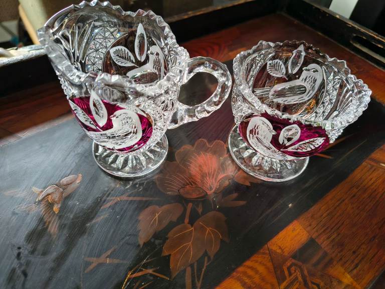 Beautiful Cut Glass Creamer & Sugar Bowl Set with Bird Design