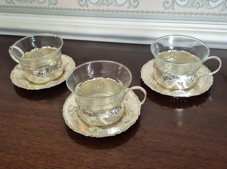 3 x Vintage BMF Quist W-Germany Silver Plated Glass Tea Cup Saucer Set VGC