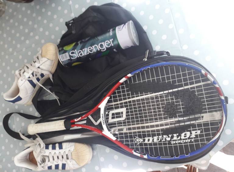 Tennis Racket, Balls, Bag, Cover & Shoes