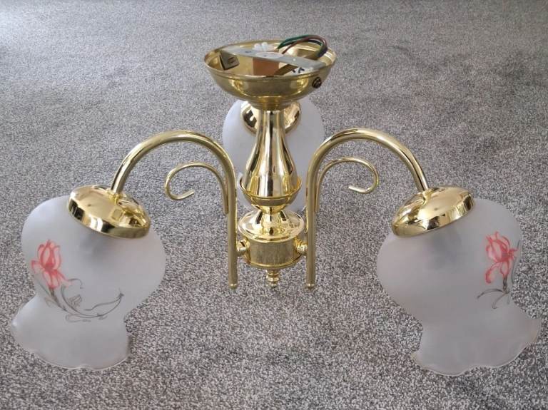 3 Light Semi-Flushed Polish Brass Finish Light Fitting With Glass Tulip Shades (Used)