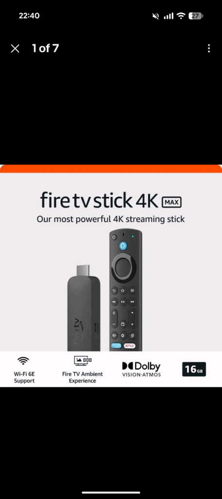 Amazon Fire TV Stick 4K Max 16GB (2nd Gen) with Alexa Voice Remote Enhanced