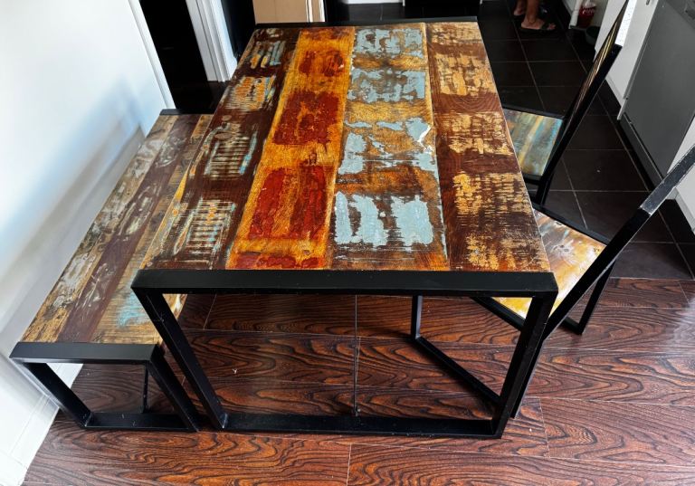 Dining table with chairs and stool and tv stand 