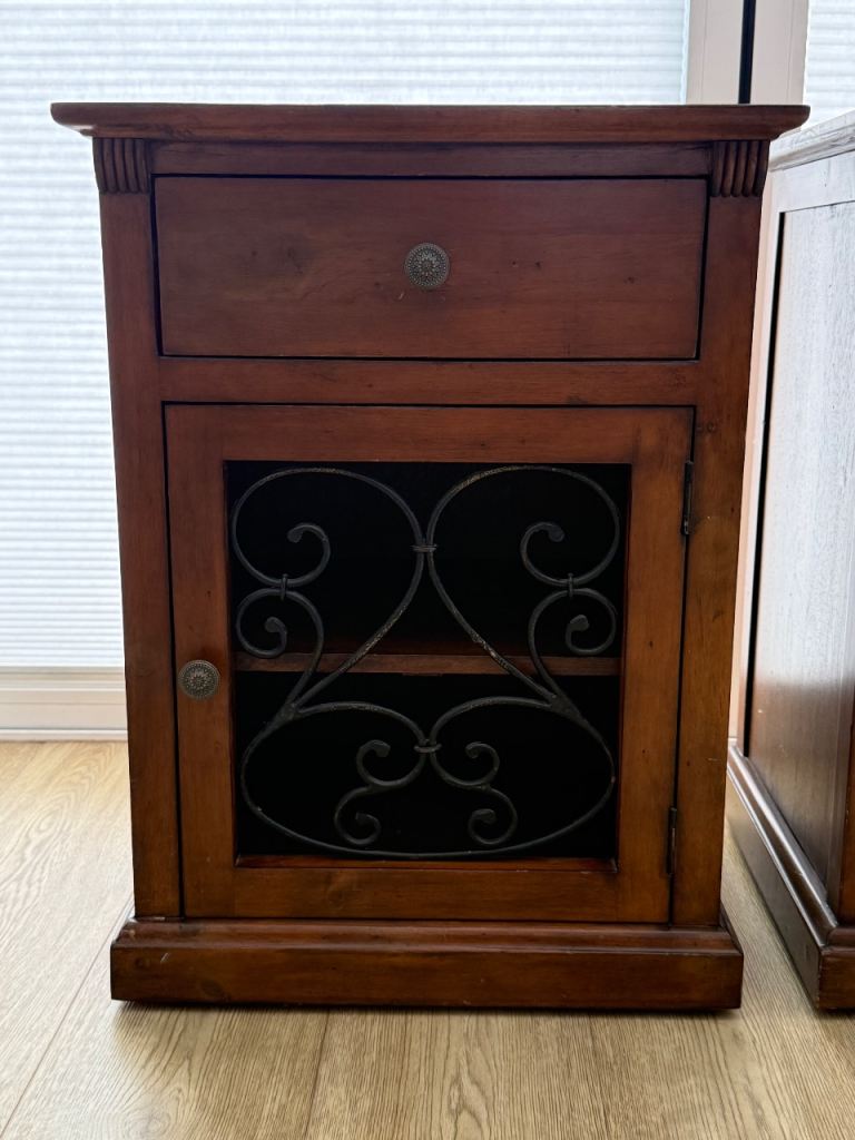 Pair of Dark Wood Bedside Cabinets with Drawer and Wrought Iron Detail