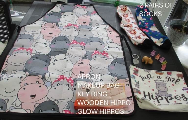 NEW HIPPO BUNDLE,Apron,Key ring,Bag,Wooden,Glow in the dark,Socks