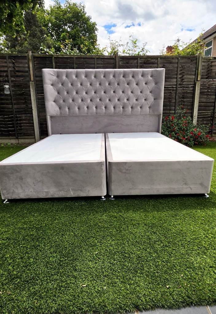 Simba Didsbury Super-King Bed - Silver Grey Velvet Chesterfield + 4 Drawers (RRP £1,699)