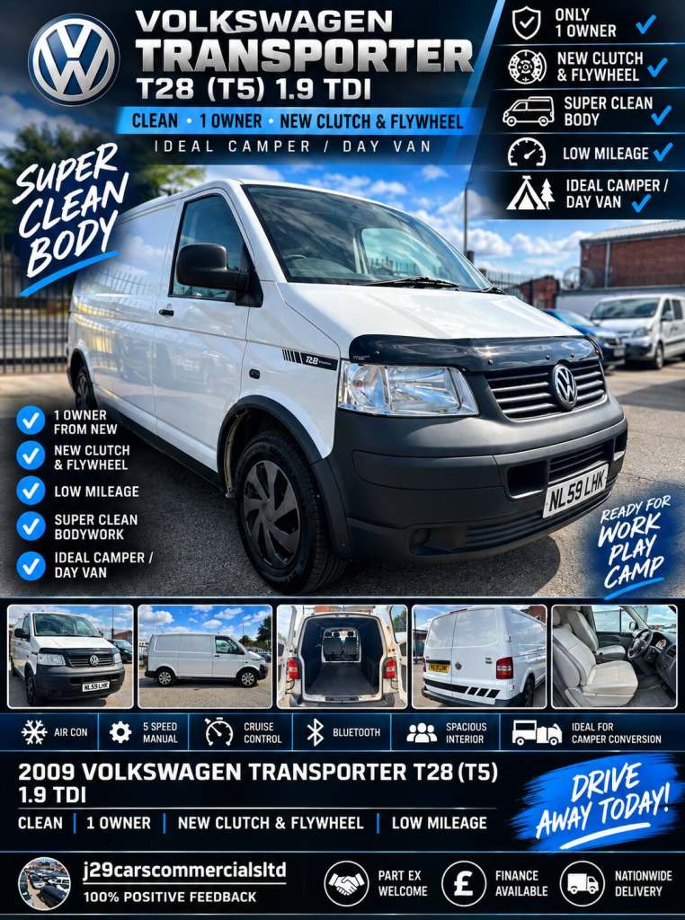 2009 VOLKSWAGON TRANSPORTER T28(T5) 1.9 TDI  CLEAN IDEAL CAMPER/DAY VAN LOWMILES