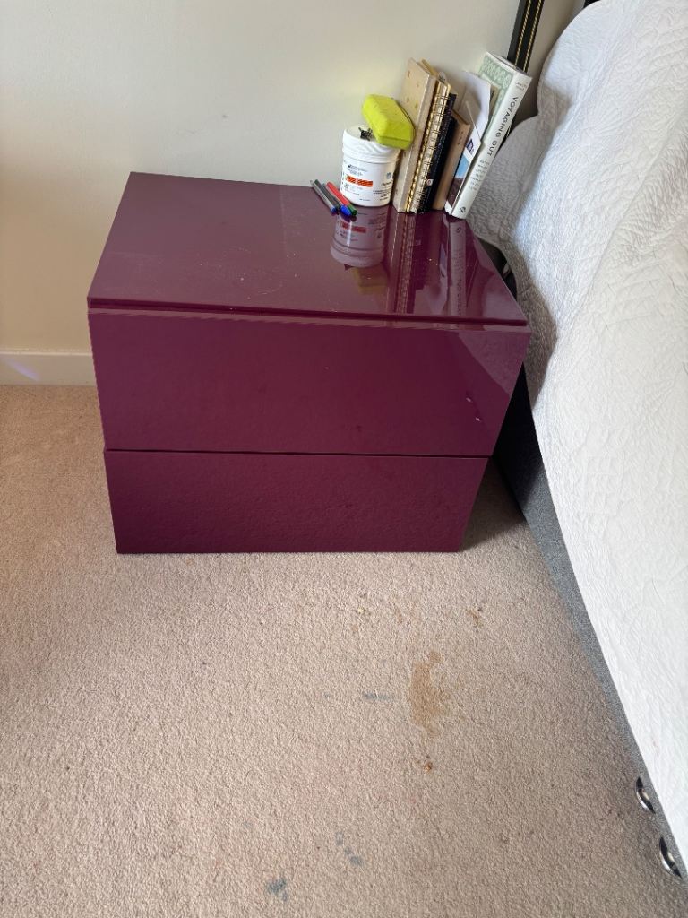 2 x High Gloss Purple Bedside Table with 2 Drawers