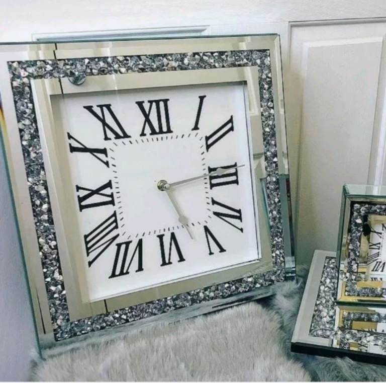 image for KARINA BAILEY Inspired 35cm Square Crushed Jewel Wall Silver Mirrored Diamante Clock