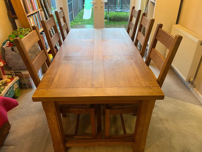 Solid Oak Table and 6 Straw Ladder Chairs