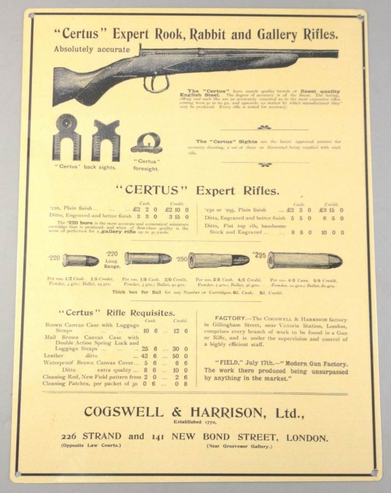 Modern Tin Reproduction Gunmaker's Advertising Sign for Cogswell & Harrison Ltd, London.