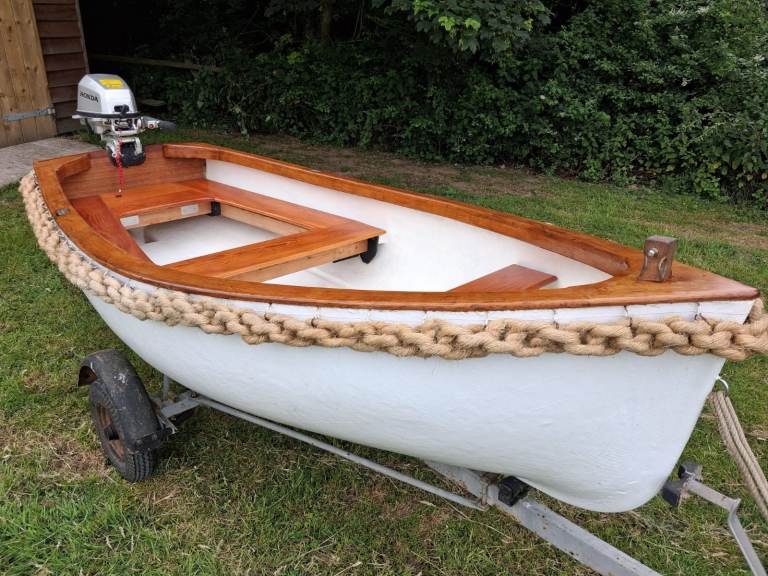 Lovely Wooden Dinghy with Outboard Motor & Trailer