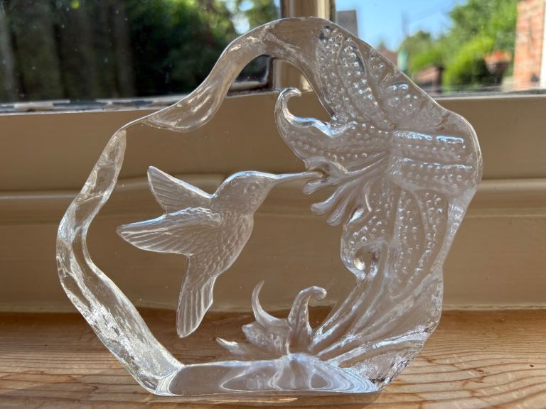 Heavy Swedish glass paperweight , hummingbird design