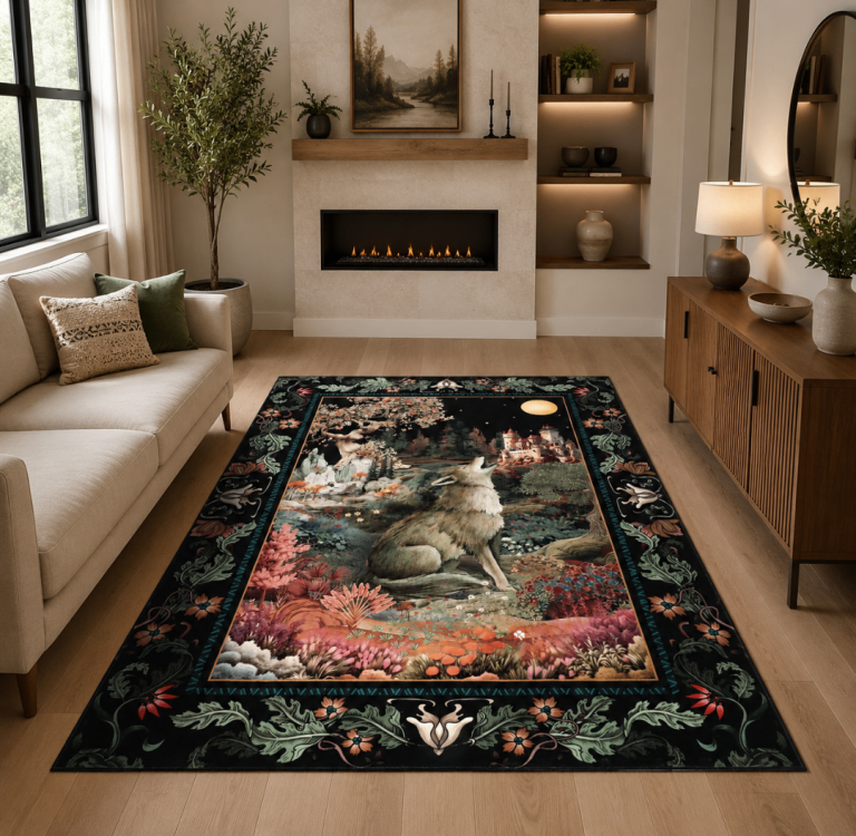 Large Mythical Wolf Area Rug 160width and 230cm length- Soft Faux Wool, Non-Slip Backing