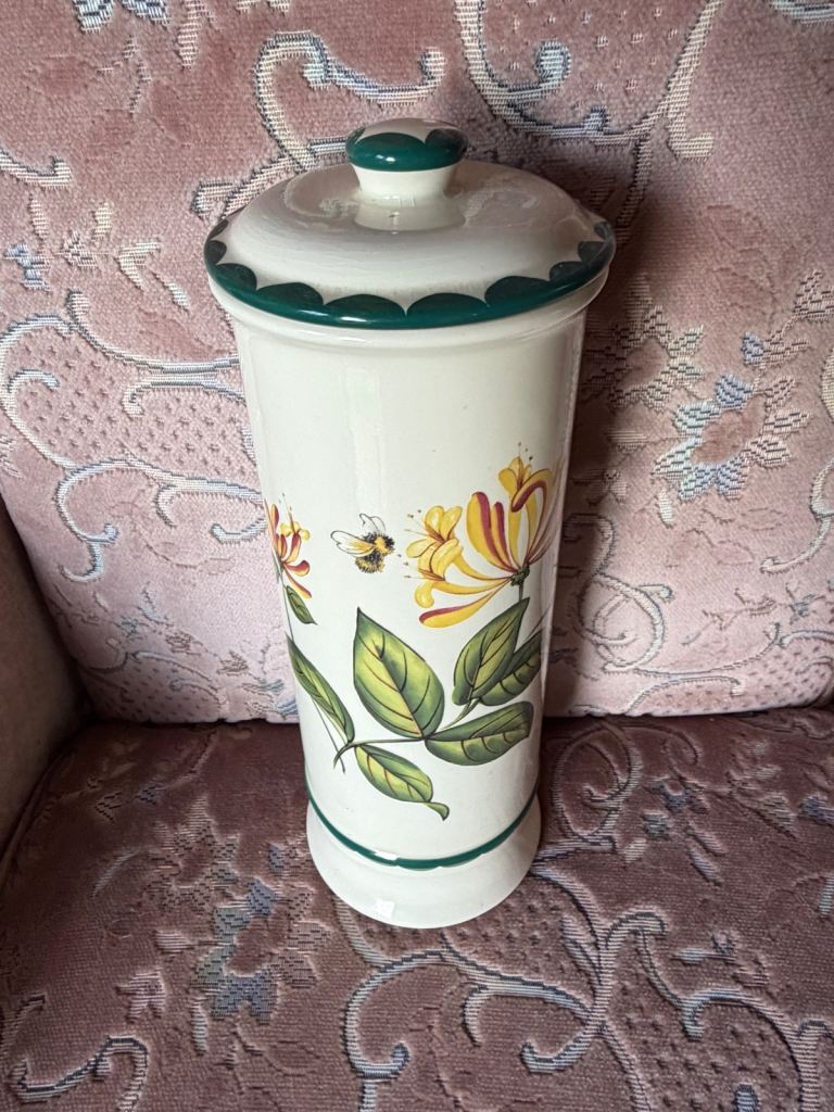Spaghetti storage jar hand painted vintage 