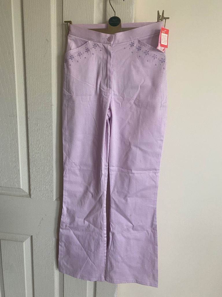 New Lilac Cotton Trousers with Embroidery, Size 10