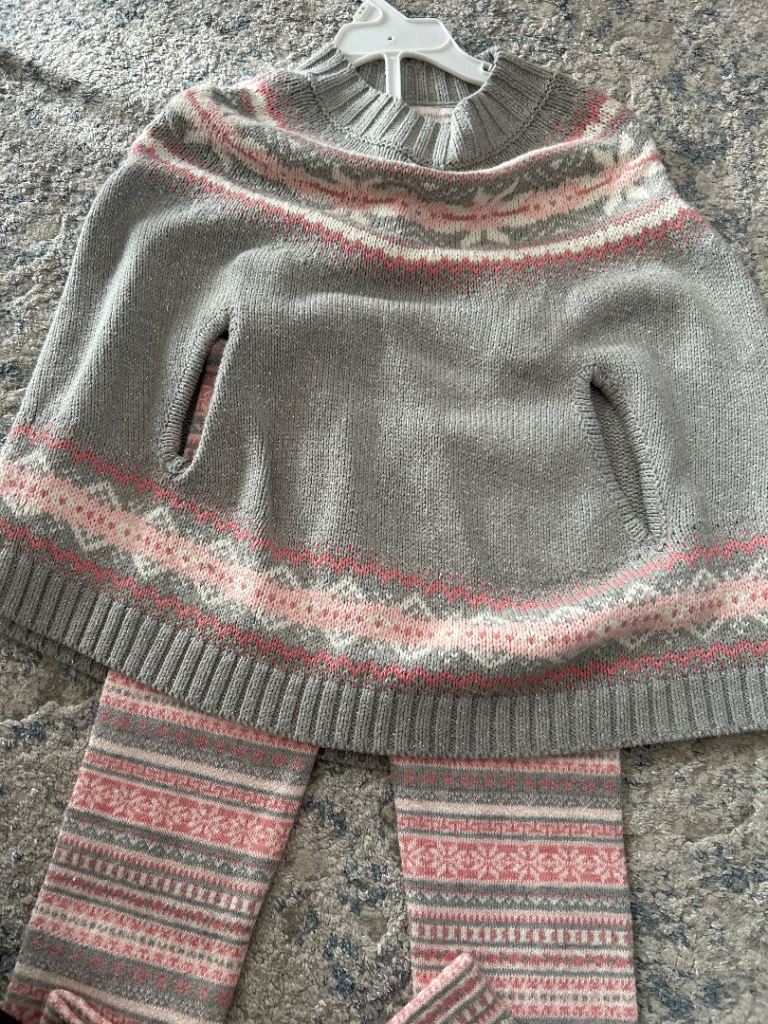 Kids Grey & Pink Knitted Poncho and Leggings Set
