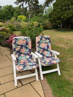 Pair of White Garden Patio Chairs with removeable Floral Cushions