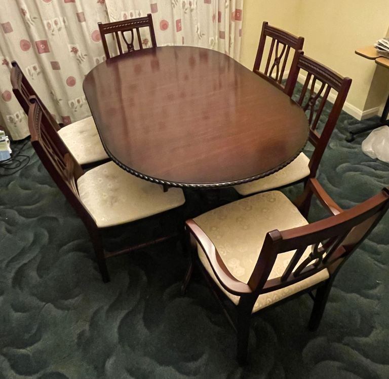 6 seater dining table and chairs - Dark wood (red hue) 