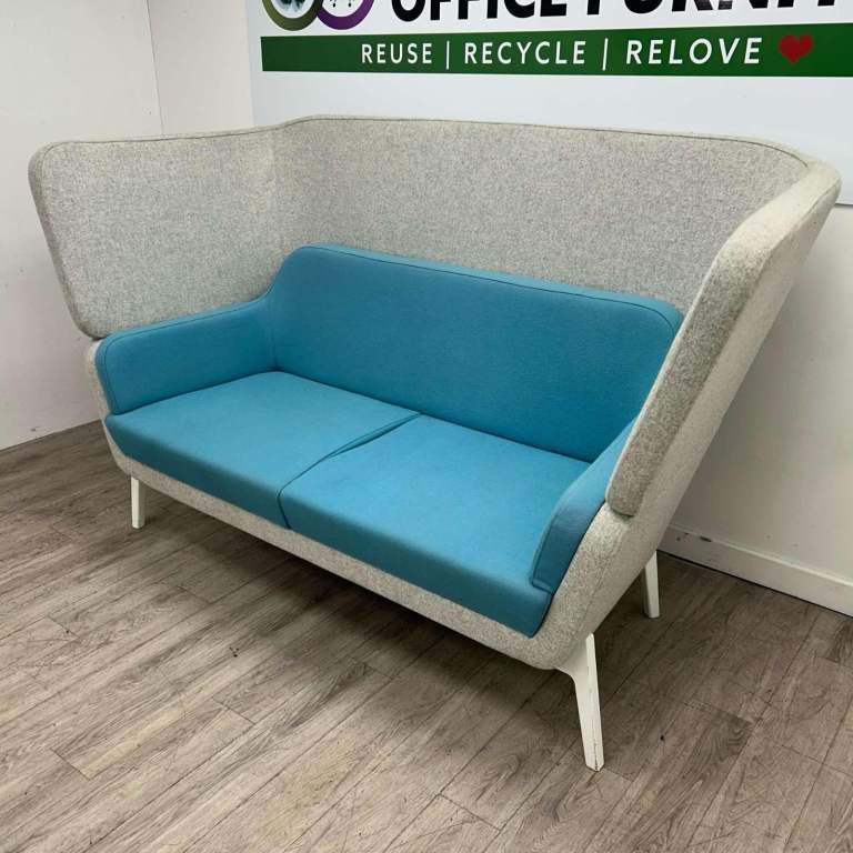 2/3-Seater Sofa, High Back, Blue / Grey Fabric, White Feet