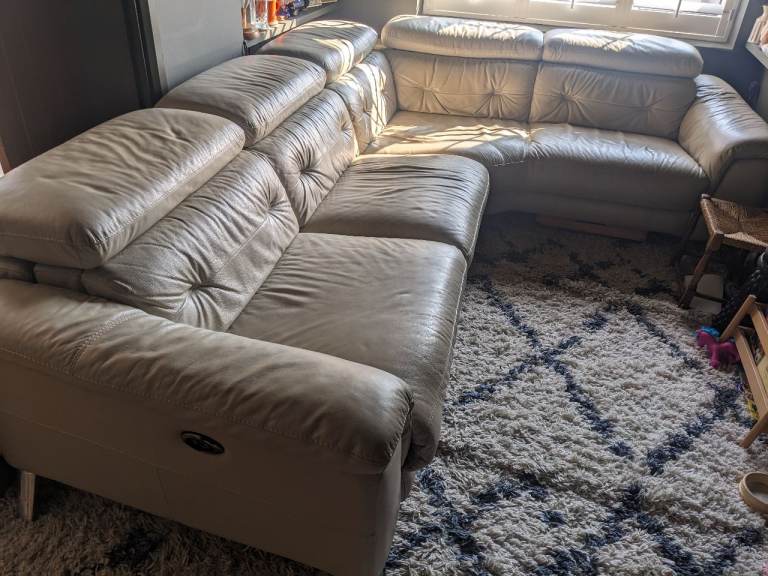 DFS Beige Leather Corner Sofa with Power Recliner
