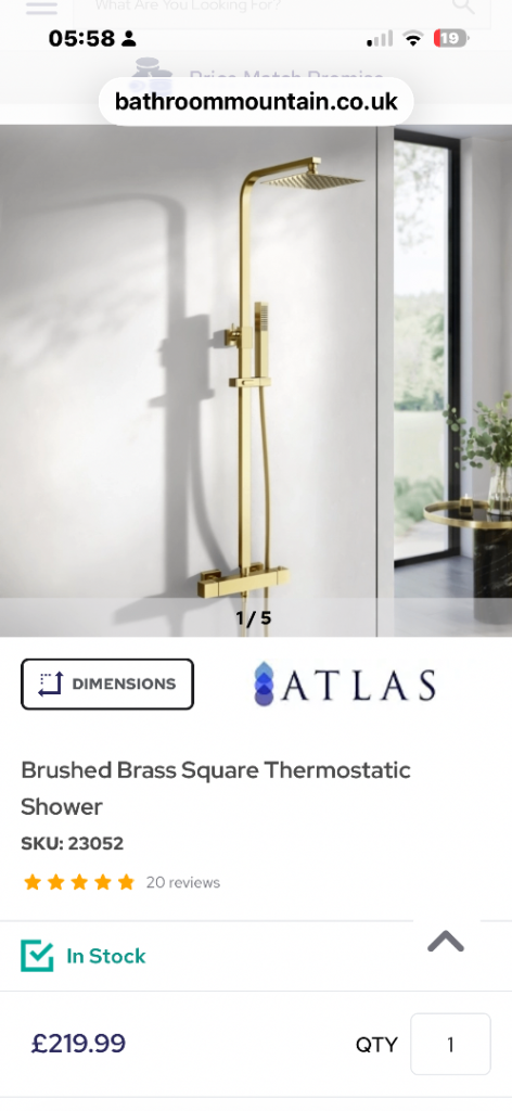 ATLAS Brushed Brass Square Thermostatic Shower – New