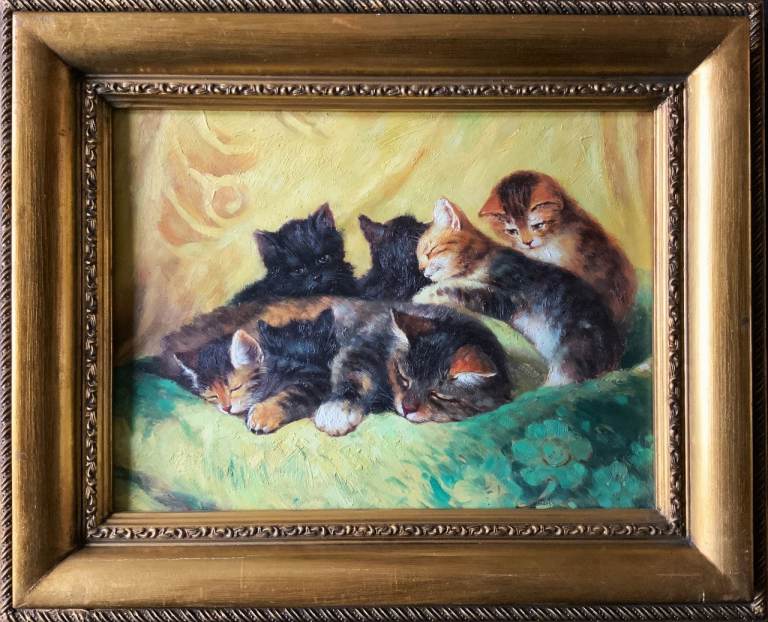 Cat with Kittens Oil on Panel Painting Vintage Antique Mid-Century