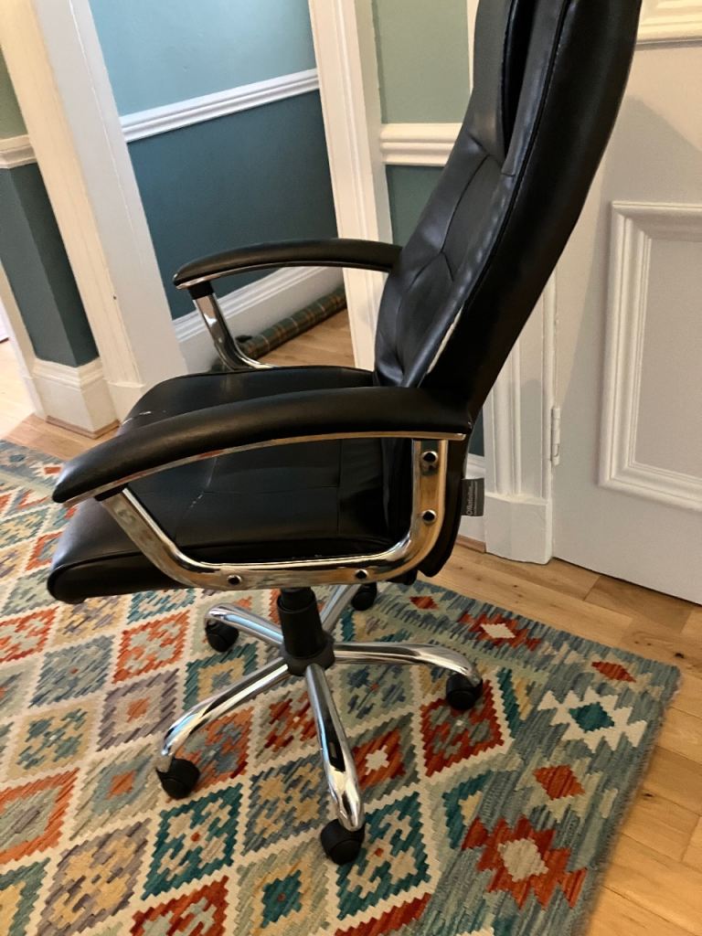 Black Faux Leather Office Chair with Chrome Accents – Fair Condition