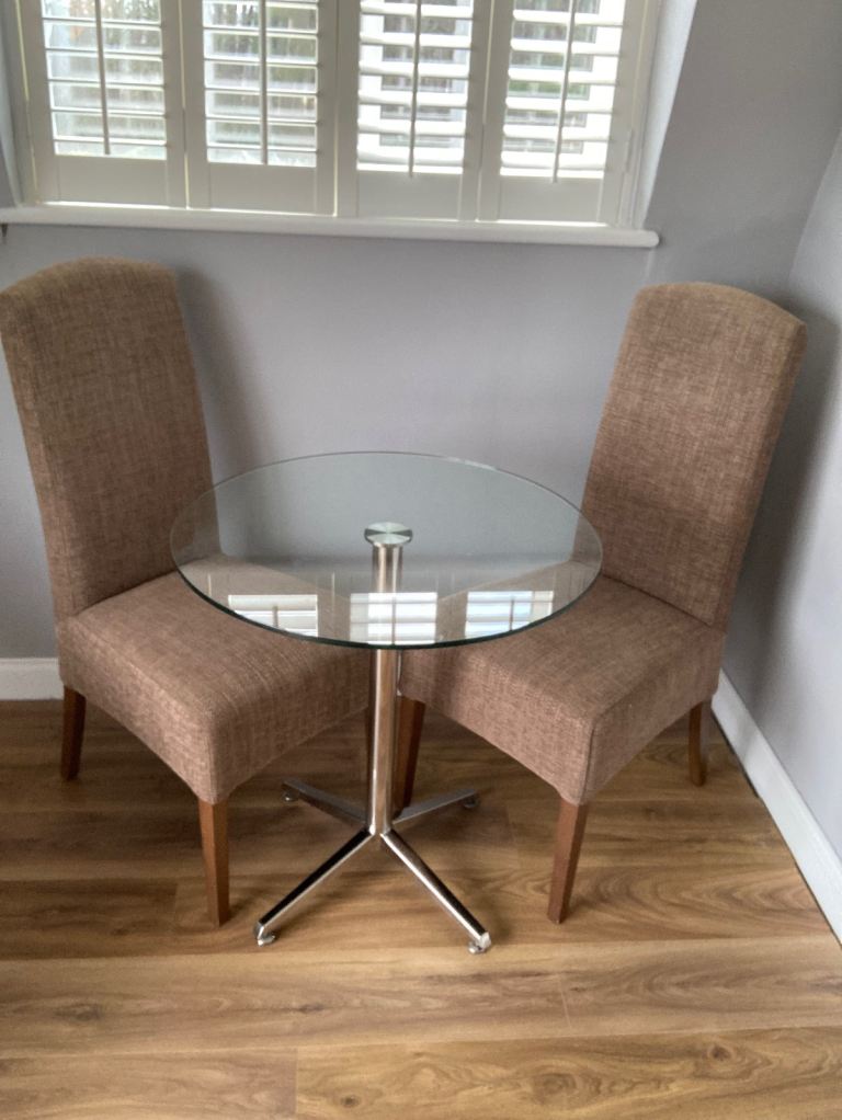 Pair of Taupe Brown Modern fabric / wooden dining chairs 