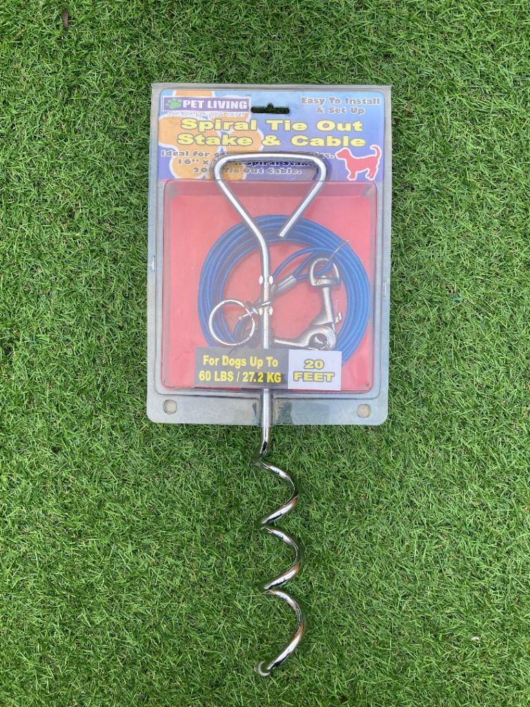 Spiral tie out stake and cable
