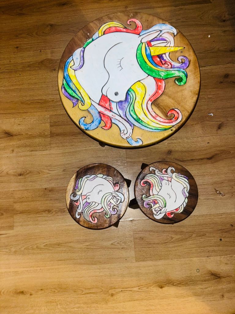 Children’s Wooden Table & Stool Set – Hand-Painted Unicorn (3-Piece)