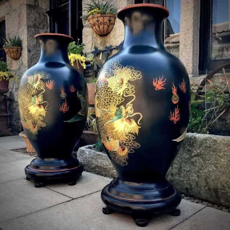 Large Pair of Oriental Floor Standing Vases on Decorative Bases Chinese 