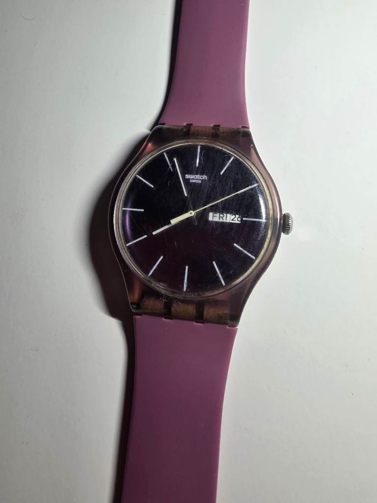 Swatch Watch with Purple Dial and Pink Band In Good Working Order