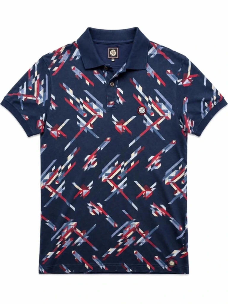 Pretty Green Geometric Print Polo Shirt Navy Red Mod Casual Small