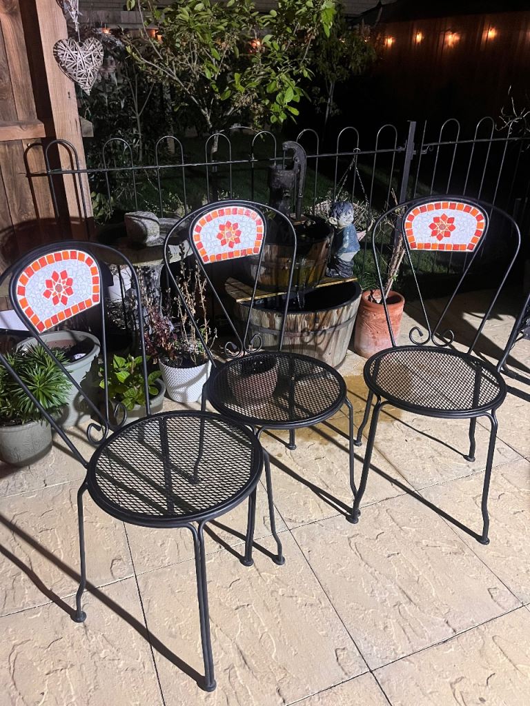 Three Black Metal Garden Chairs – Mosaic Design, Good Condition