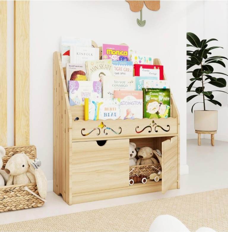 Kids Bookshelf Wooden with Toy Storage for Baby and Children - Nursery House Shelf for Toddlers