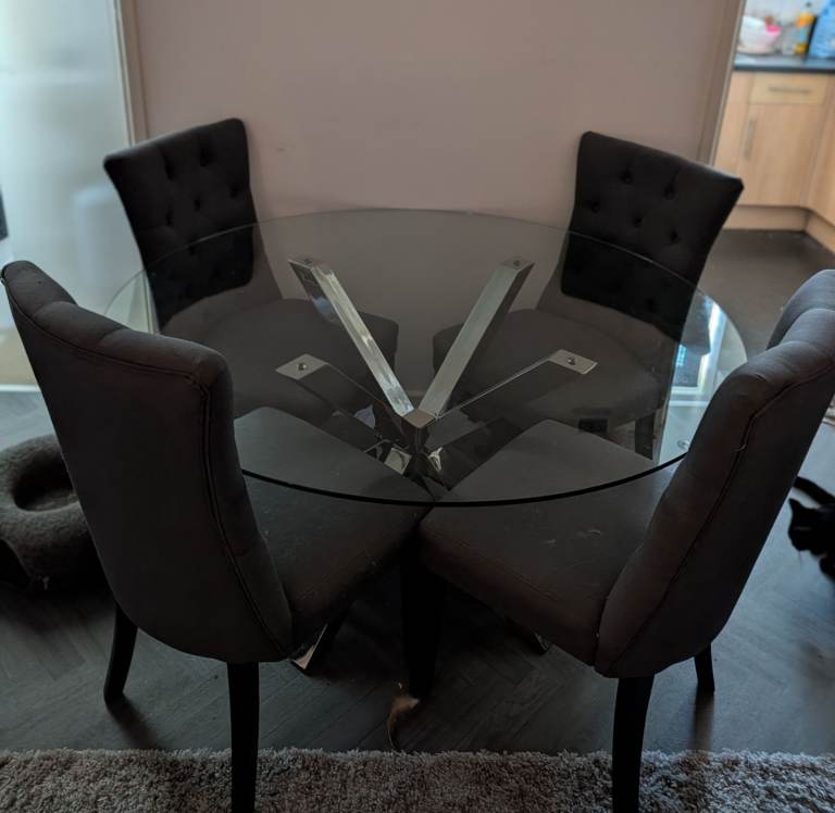 Round Glass Dining Table & 4 Grey Fabric Chairs