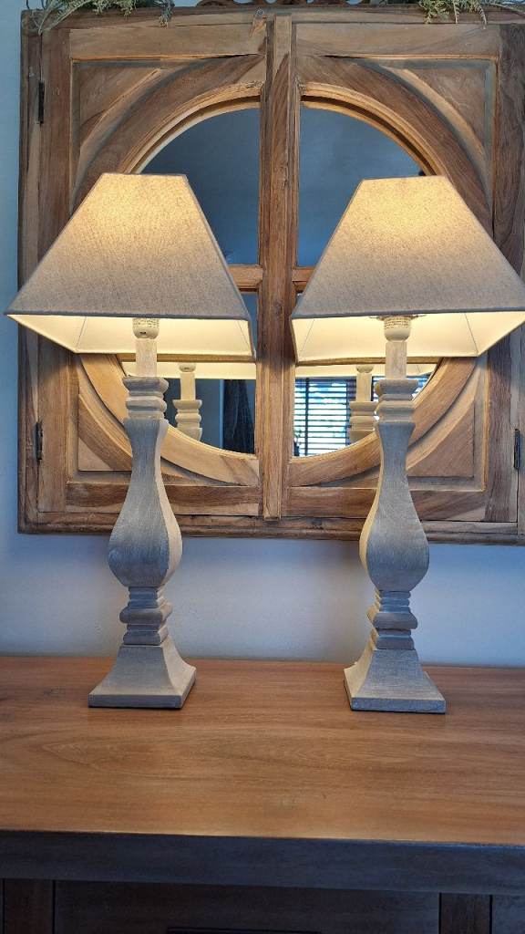 Tall pair of table lamps shabby chic solid wood washed base natural shade 