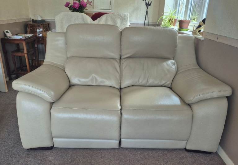Beige Leather Electric Reclining Sofa